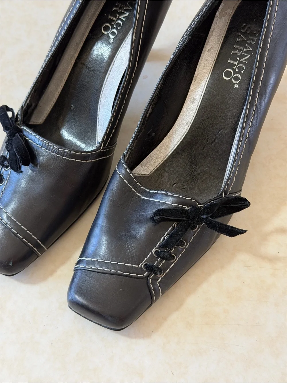 Franco Sarto Black Leather Square-Toe Pump with Bow